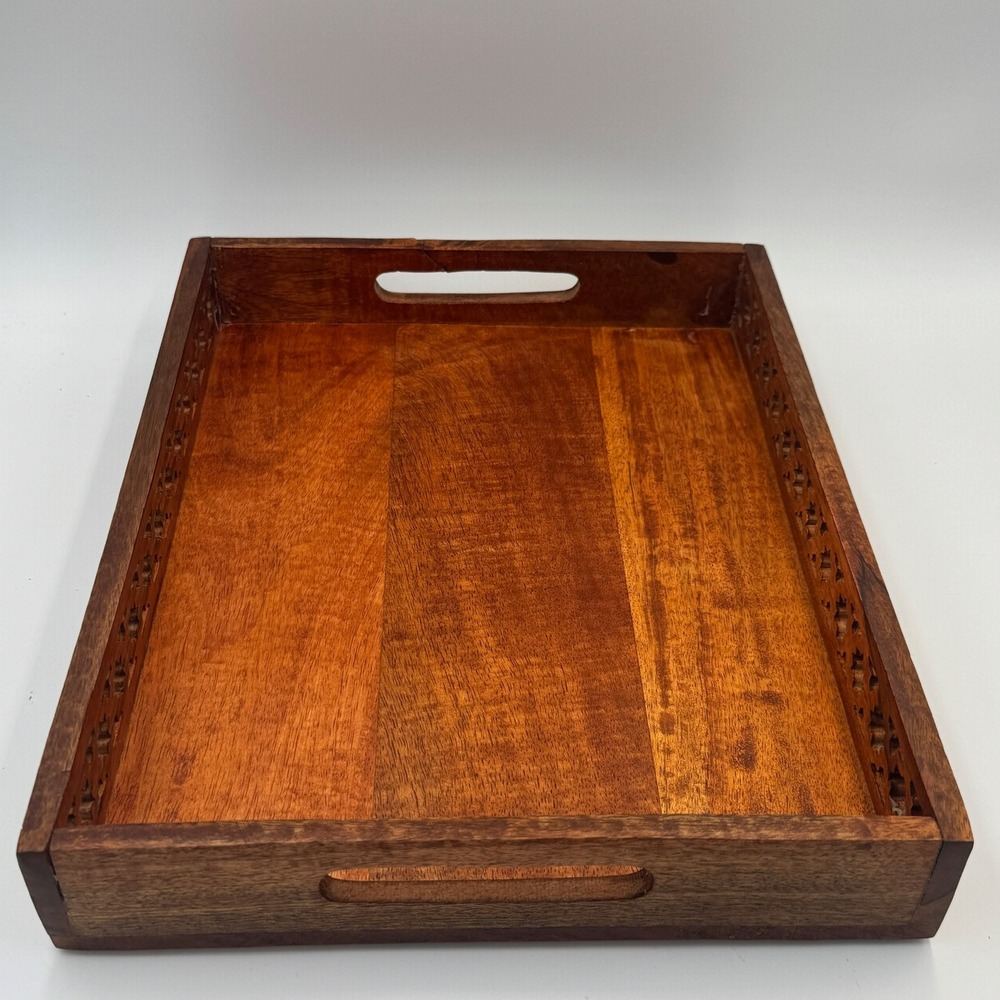 Handcrafted Wood Serving Tray with Star Cutouts and Handles Brown‎ Rectangular